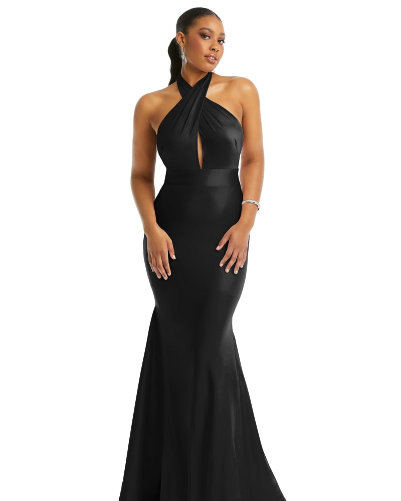 Front of a model wearing a size XL Criss Cross Halter Open-Back Stretch Satin Mermaid Dress in Black by Cynthia & Sahar. | dia_product_style_image_id:301285